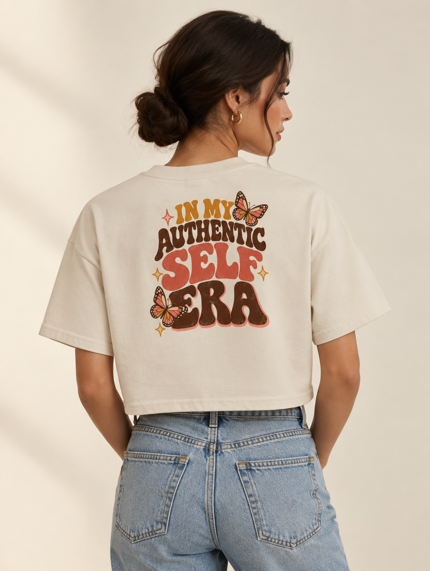In My Authentic Self Era Boxy Crop Top, Bone, back, on a model