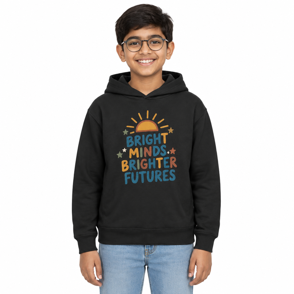 Bright Minds Brighter Futures Kids Hoodie, Black, on a child