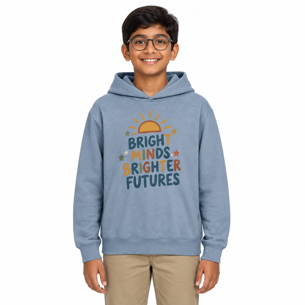 Bright Minds Brighter Futures Kids Hoodie, Blue Jean, on a child