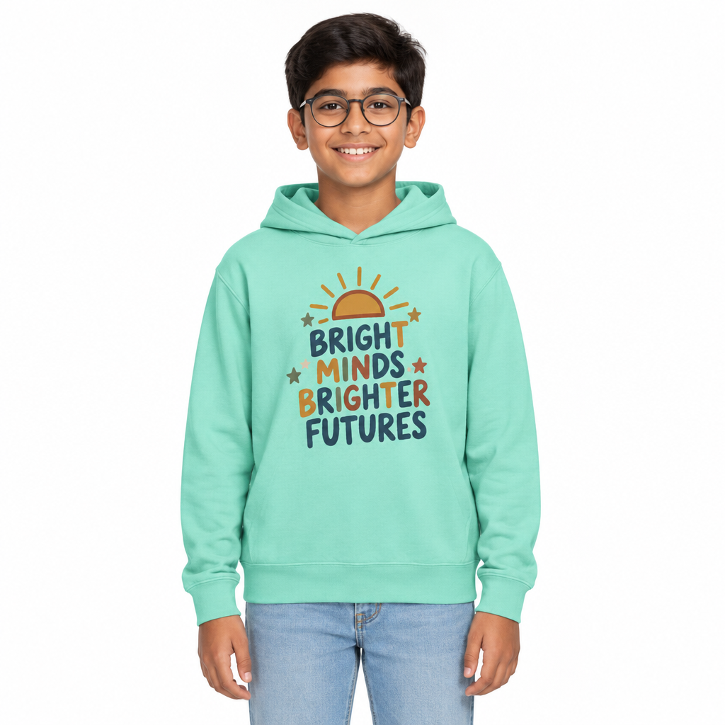 Bright Minds Brighter Futures Kids Hoodie, Chalky Mint, on a child