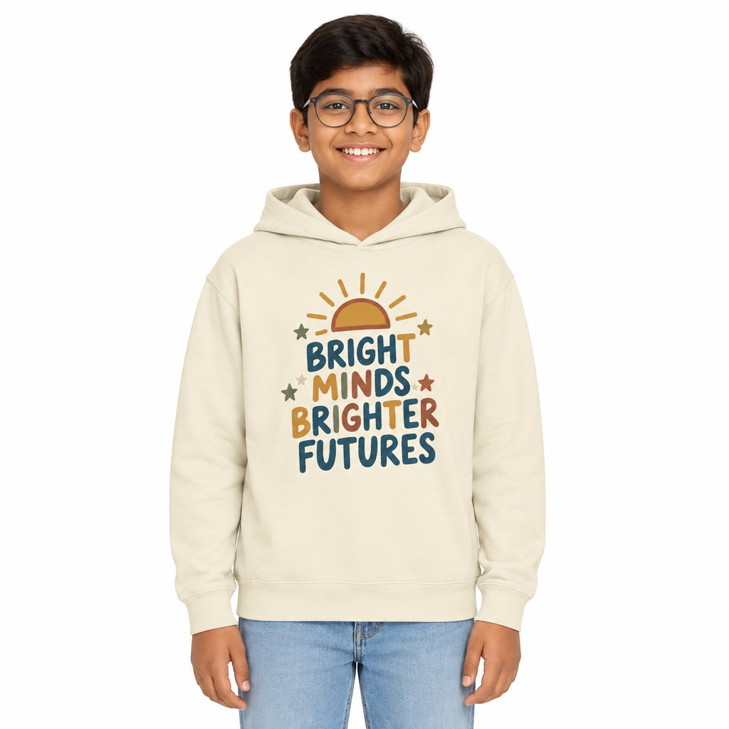 Bright Minds Brighter Futures Kids Hoodie, Ivory, on a child