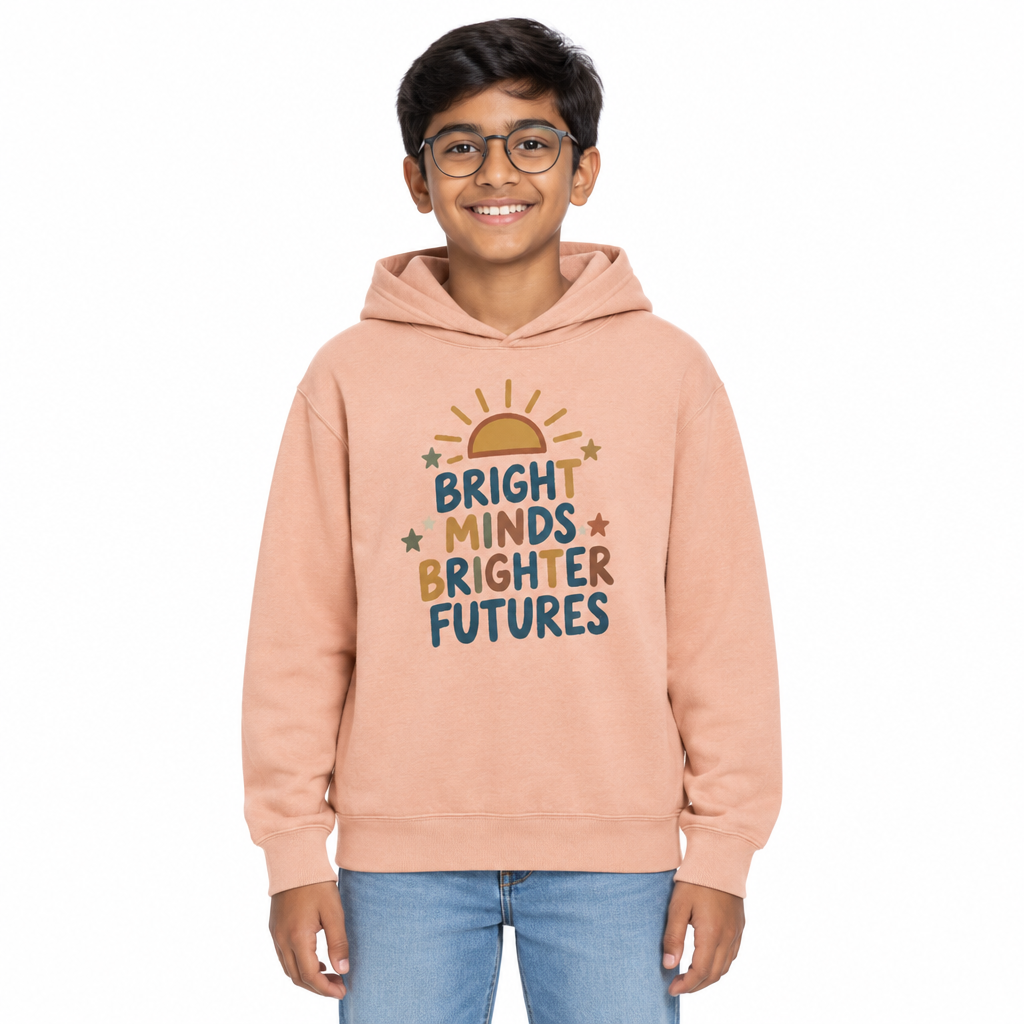 Bright Minds Brighter Futures Kids Hoodie, Peachy, on a child