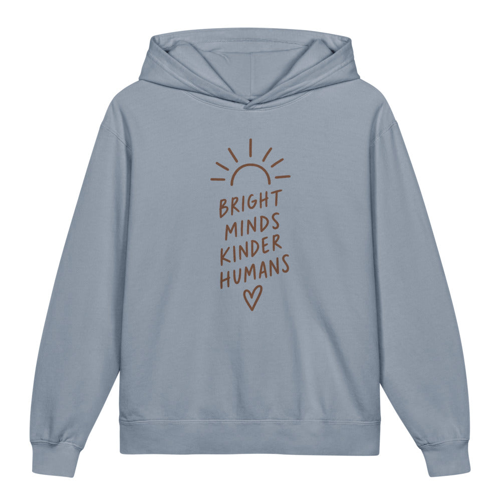 Bright Minds Kinder Humans Kids Hoodie, Blue Jean, front