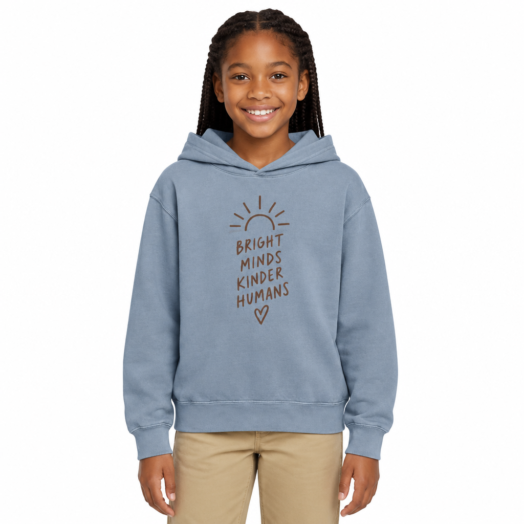 Bright Minds Kinder Humans Kids Hoodie, Blue Jean, on a child
