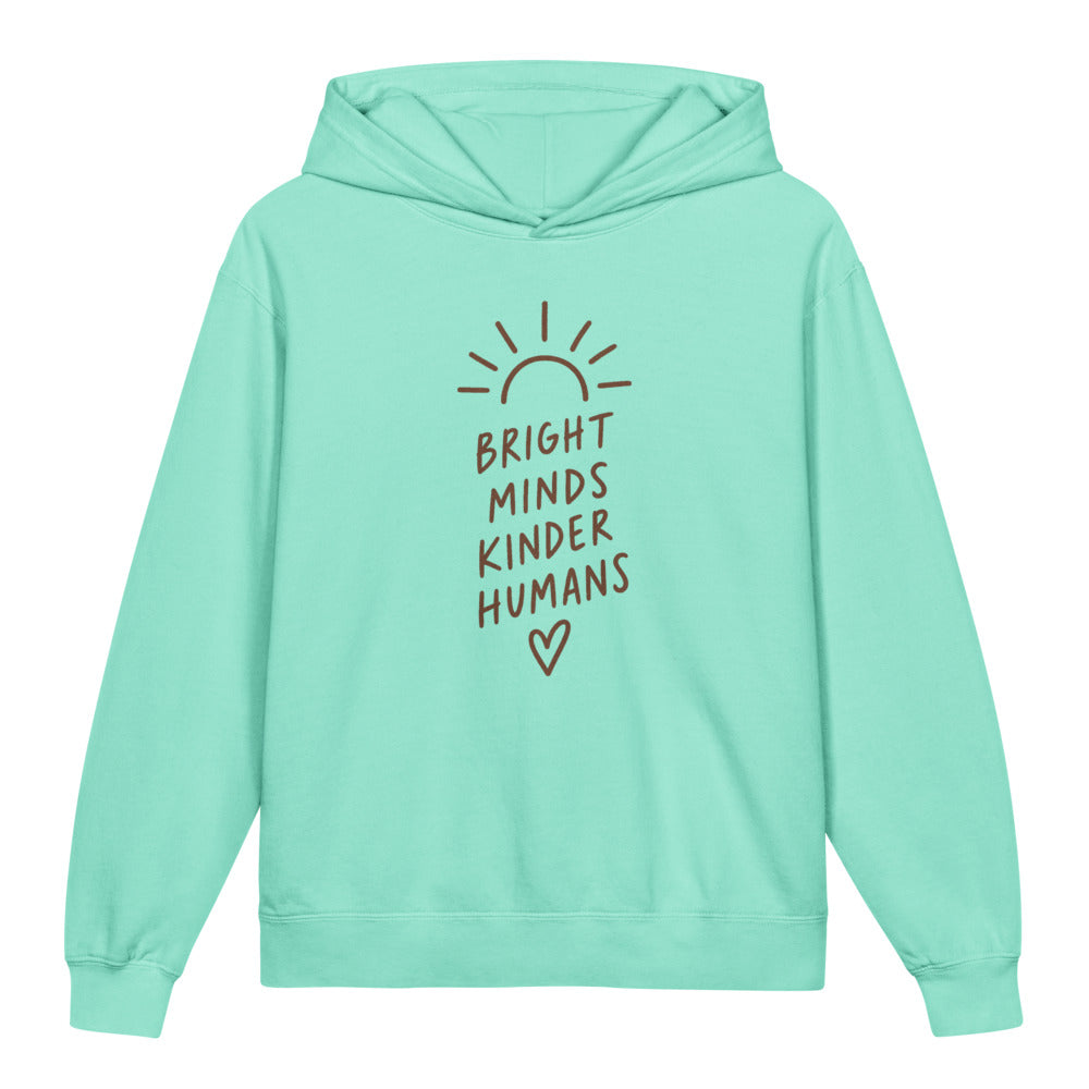 Bright Minds Kinder Humans Kids Hoodie, Chalky Mint, front