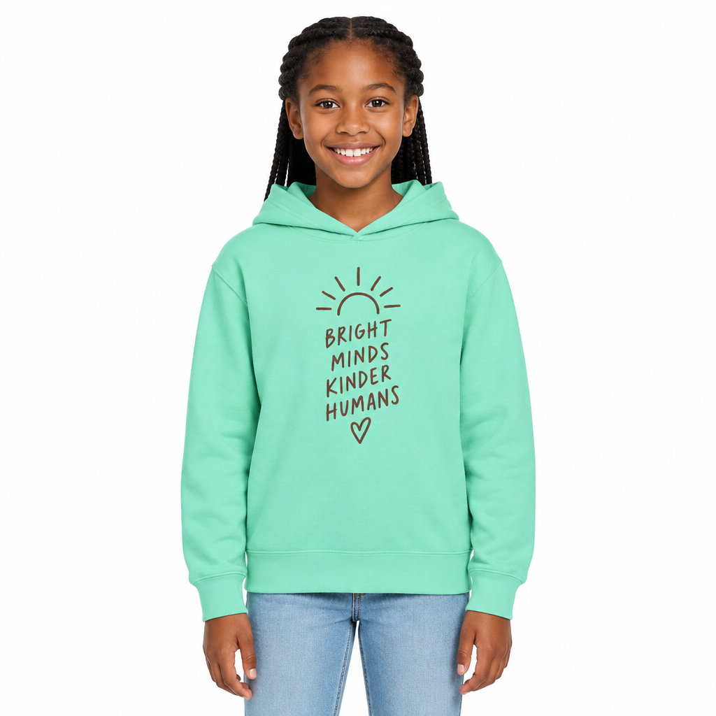 Bright Minds Kinder Humans Kids Hoodie, Chalky Mint, on a child