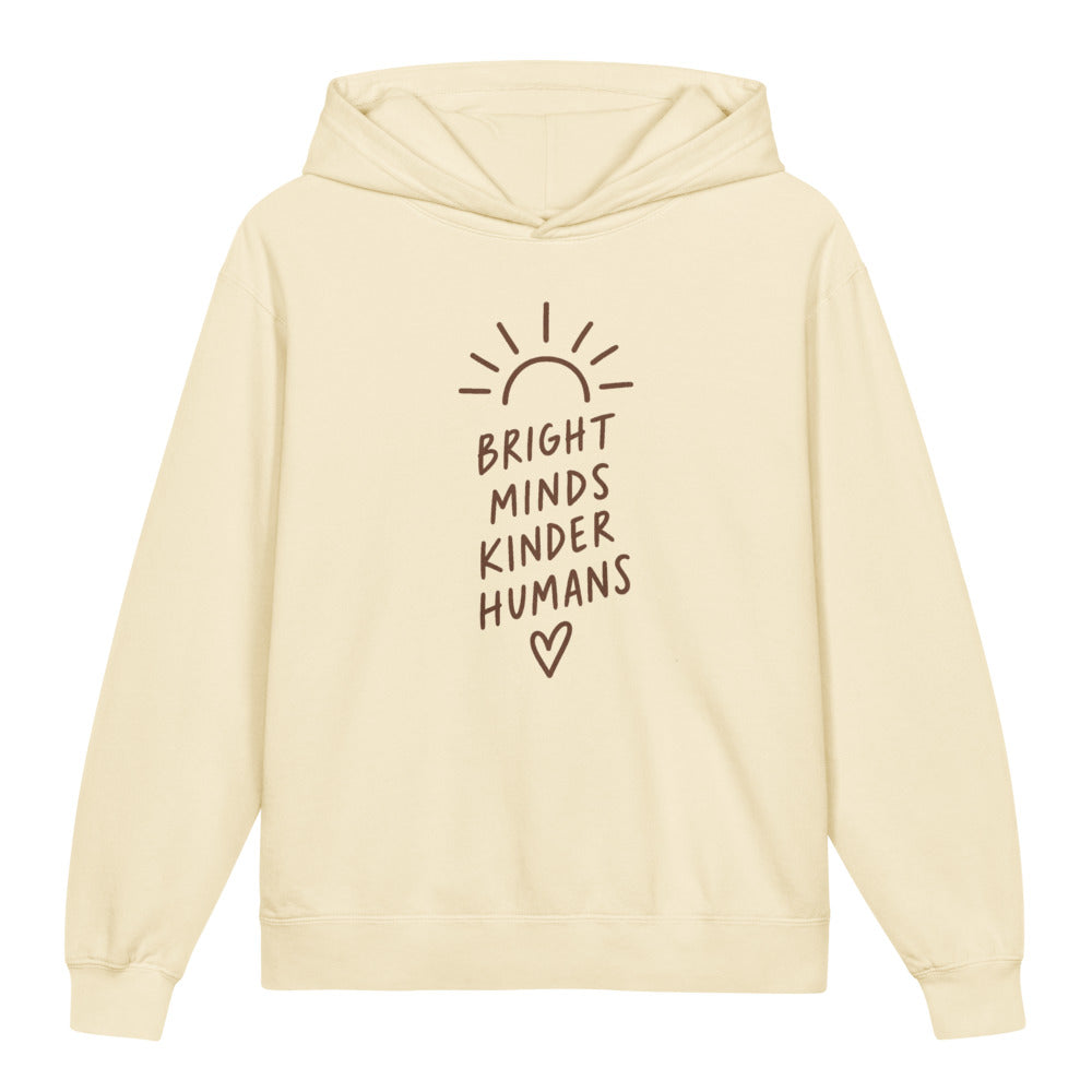 Bright Minds Kinder Humans Kids Hoodie, Ivory, front