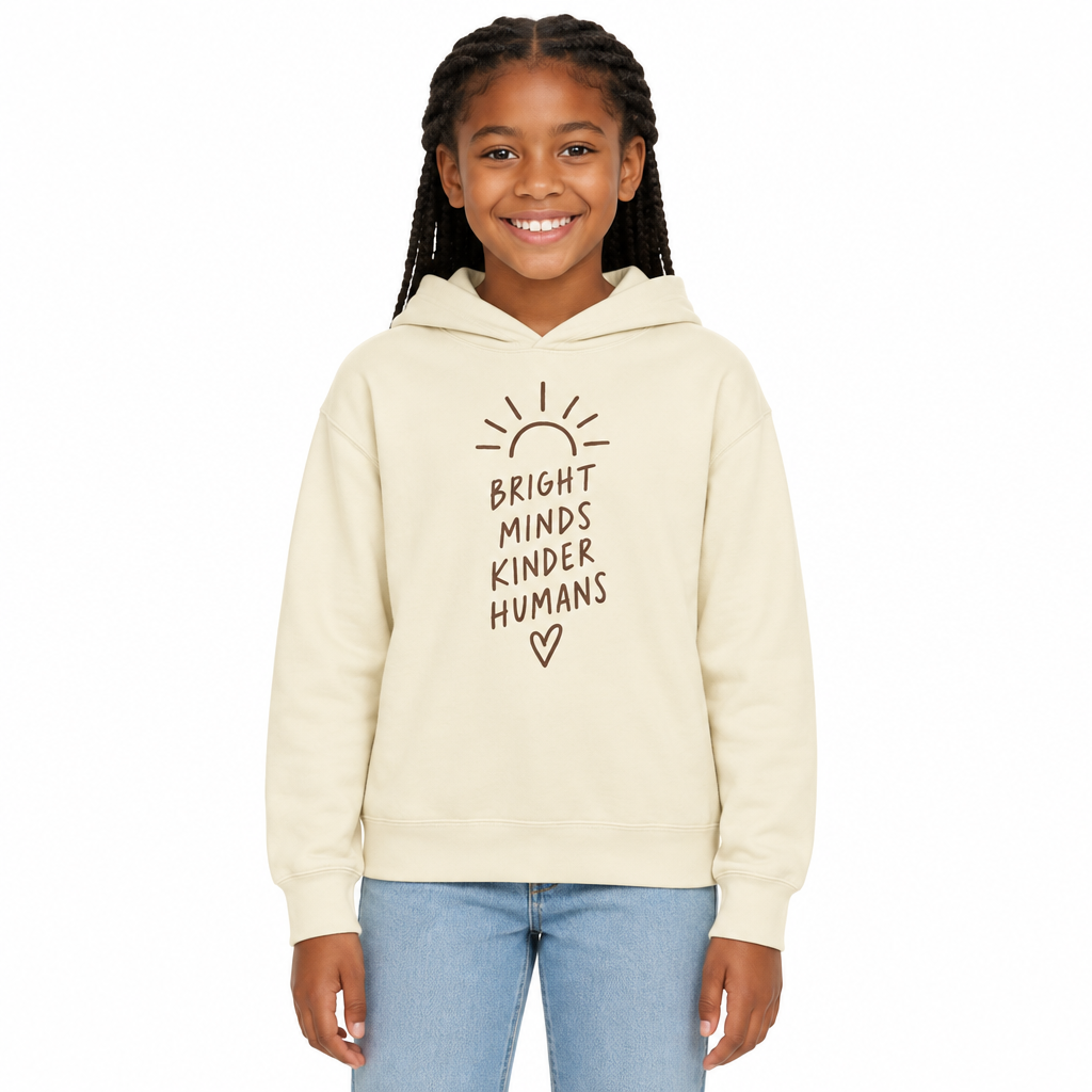 Bright Minds Kinder Humans Kids Hoodie, Ivory, on a child