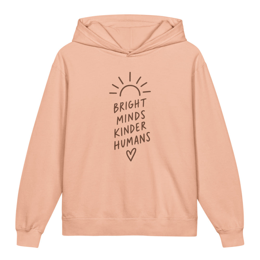 Bright Minds Kinder Humans Kids Hoodie, Peachy, front