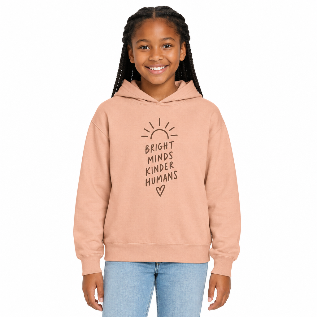 Bright Minds Kinder Humans Kids Hoodie, Peachy, on a child