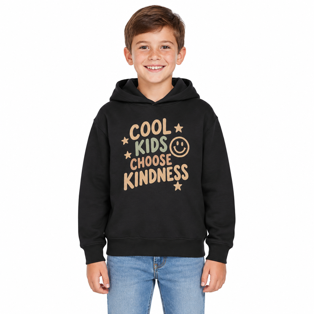 Cool Kids Choose Kindness Kids Hoodie, Black, on a child