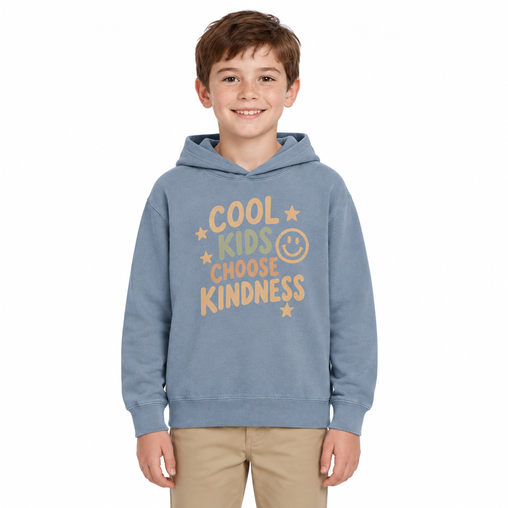 Cool Kids Choose Kindness Kids Hoodie, Blue Jean, on a child