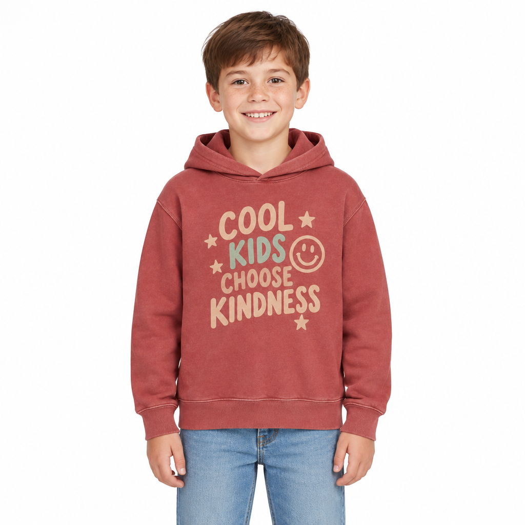 Cool Kids Choose Kindness Kids Hoodie, Crimson, on a child