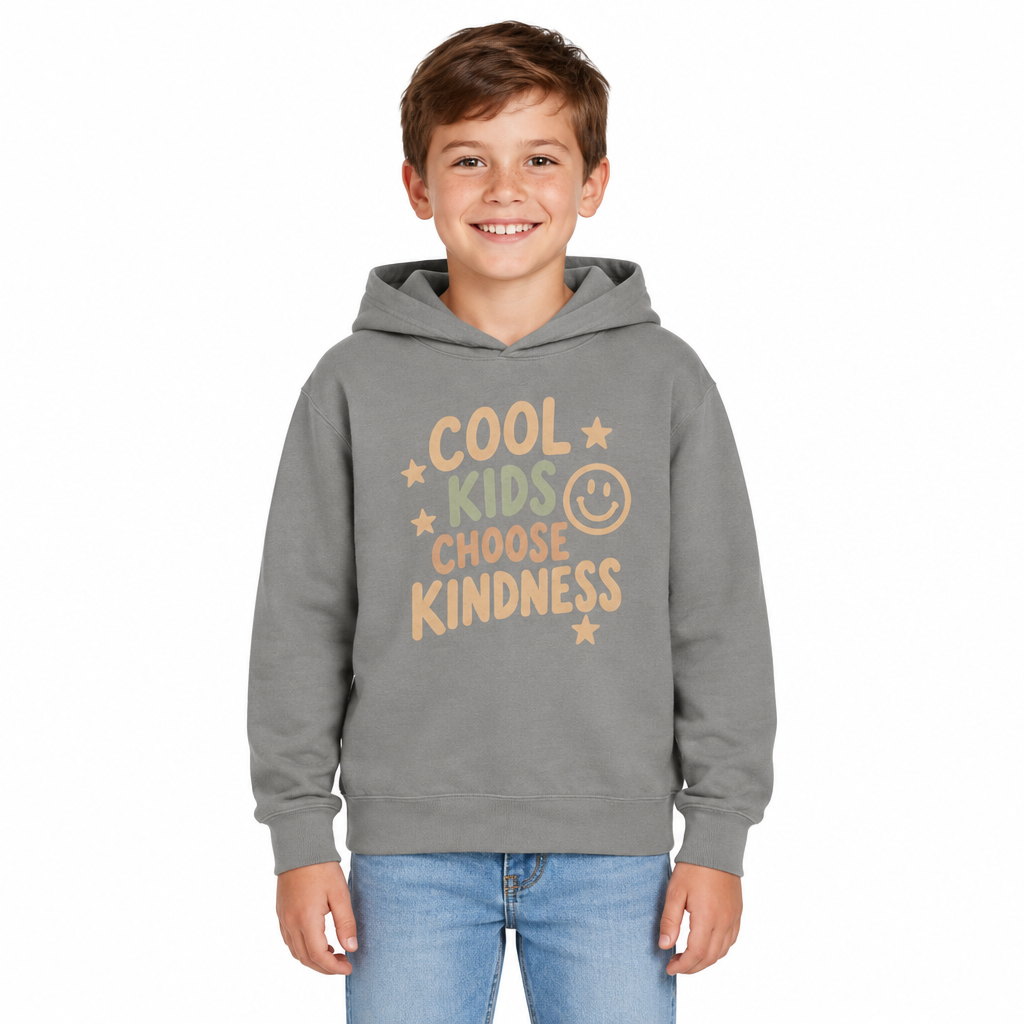 Cool Kids Choose Kindness Kids Hoodie, Grey, on a child