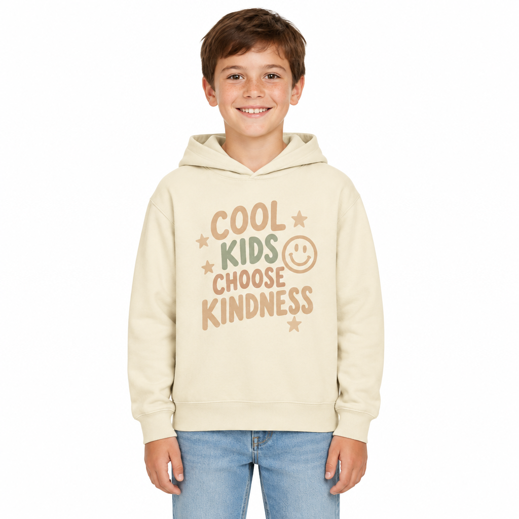 Cool Kids Choose Kindness Kids Hoodie, Ivory, on a child