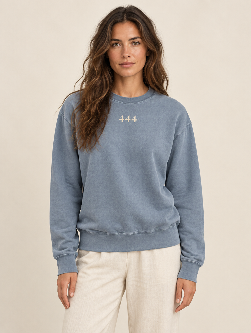 Angel Number 444 Crewneck, Blue Jean, front, on a model
