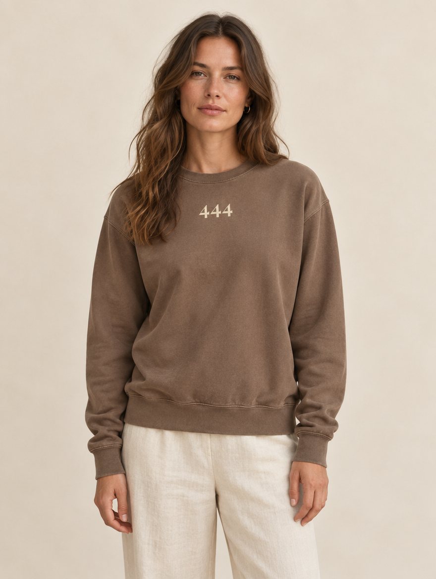 Angel Number 444 Crewneck, Espresso, front, on a model