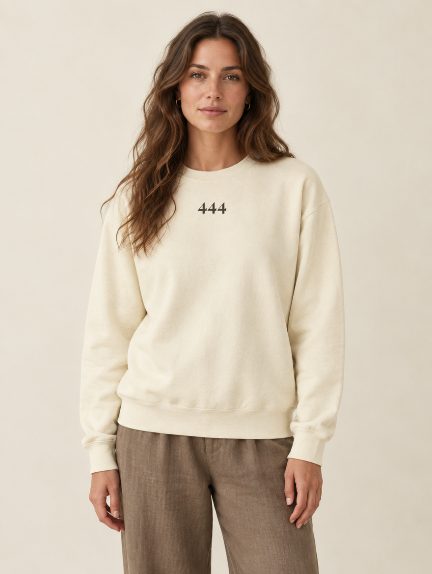 Angel Number 444 Crewneck, Ivory, front, on a model