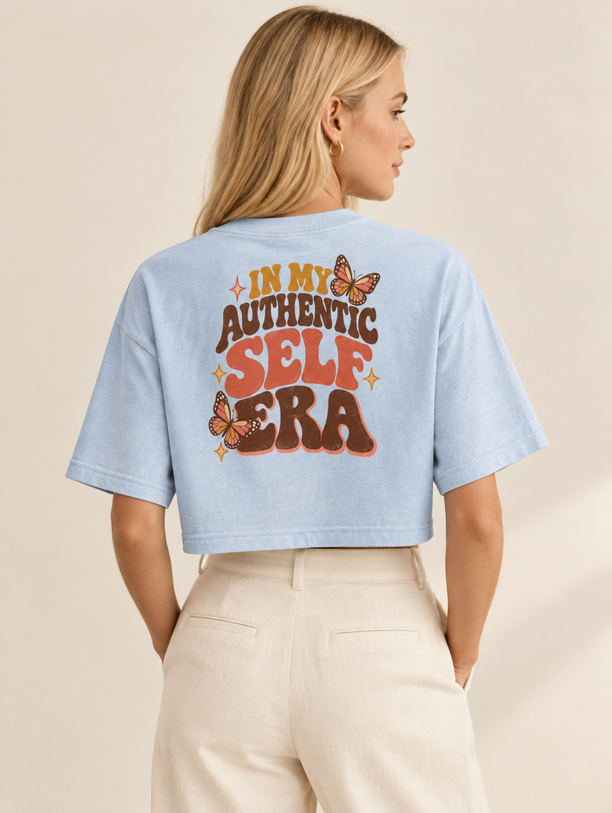 In My Authentic Self Era Cropped Tee, Light Washed Denim, back, on a model