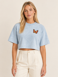 In My Authentic Self Era Cropped Tee, Light Washed Denim, front, on a model