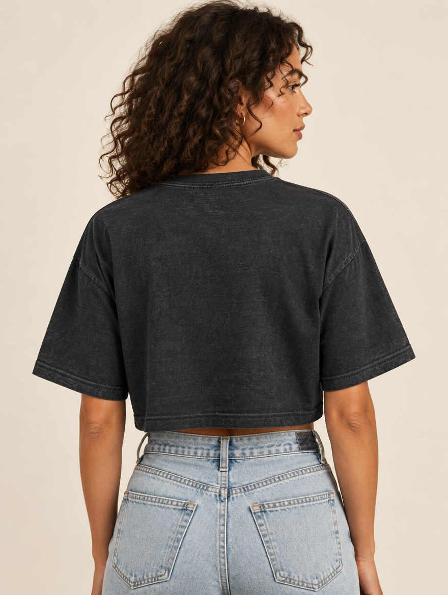Higher Self Activated Cropped Tee, Washed Black, back, on a model