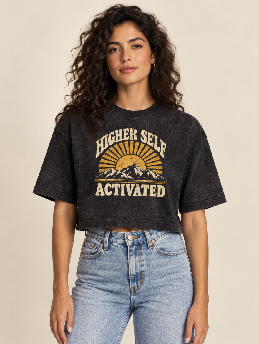 Higher Self Activated Cropped Tee, Washed Black, front, on a model