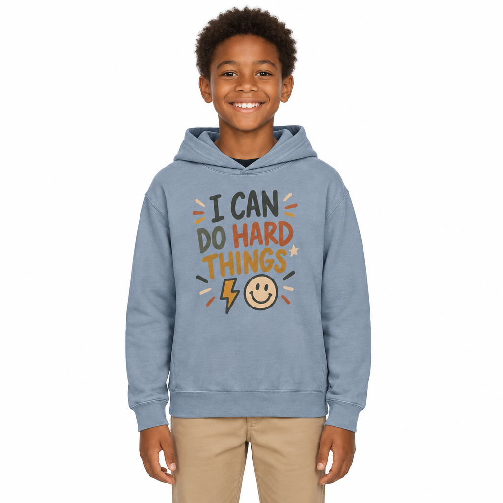 I Can Do Hard Things Kids Hoodie, Blue Jean, on a child