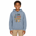 I Can Do Hard Things Kids Hoodie, Blue Jean, on a child