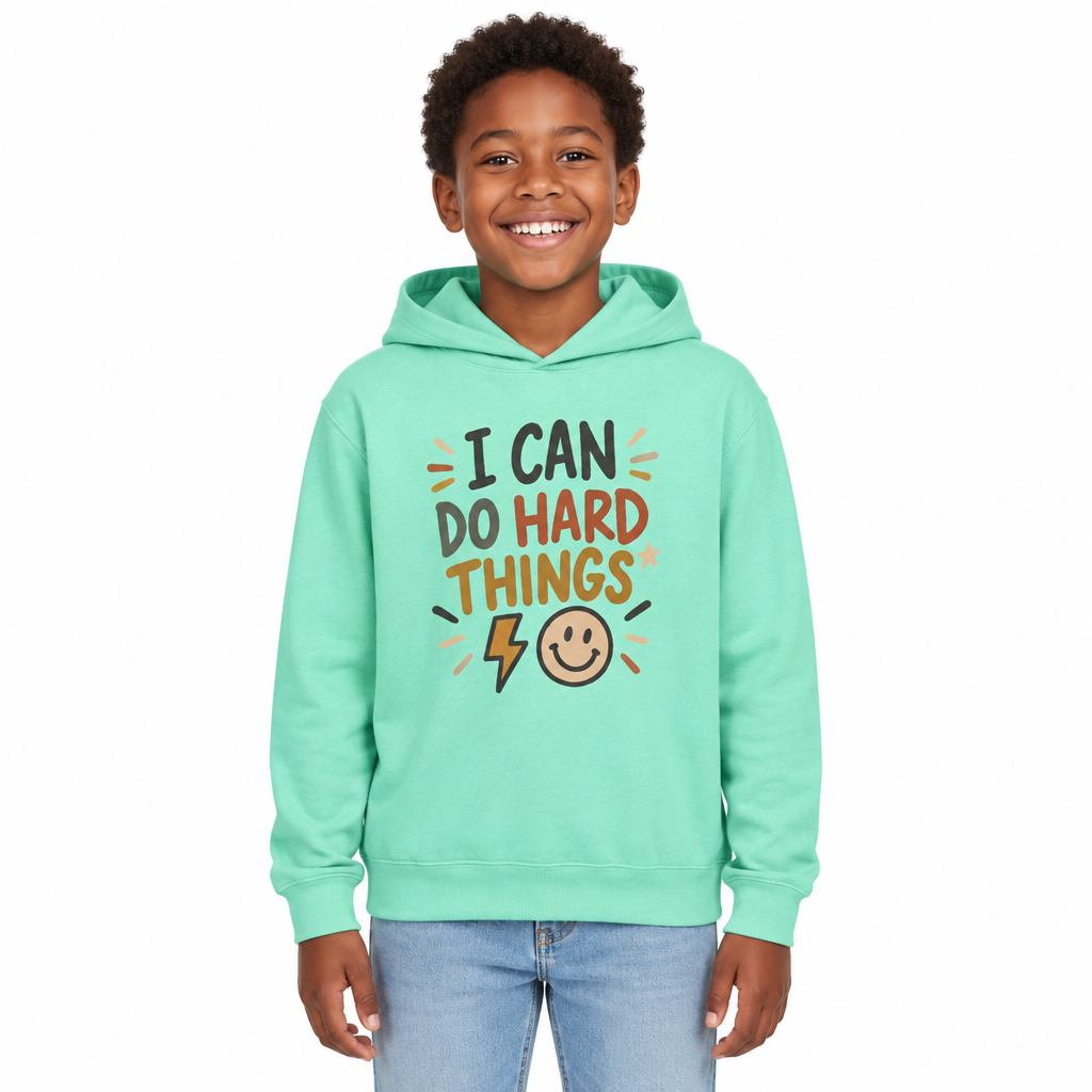 I Can Do Hard Things Kids Hoodie, Chalky Mint, on a child