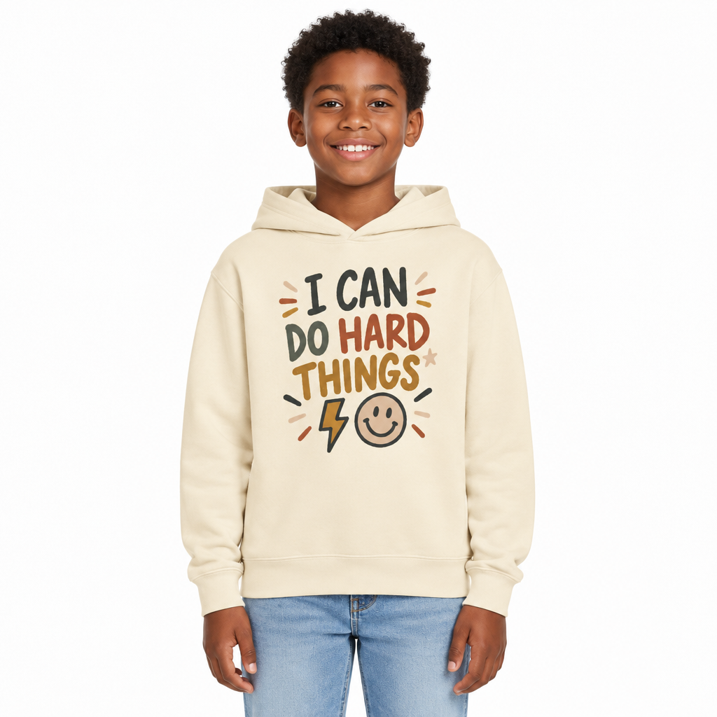 I Can Do Hard Things Kids Hoodie, Ivory, on a child