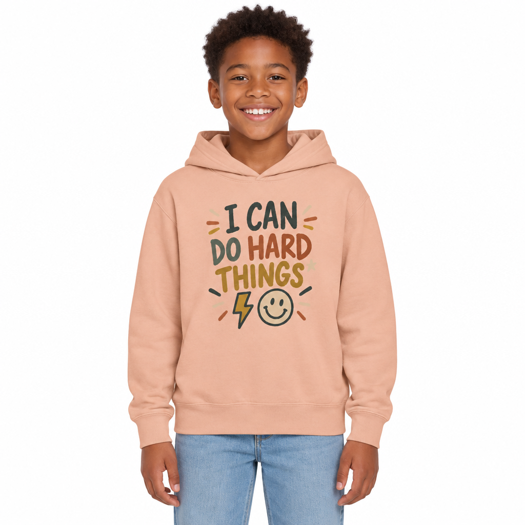 I Can Do Hard Things Kids Hoodie, Peachy, on a child