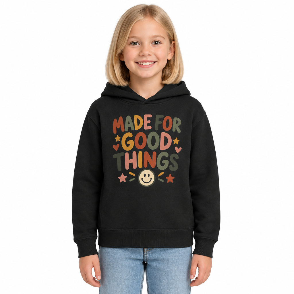 Made For Good Things Kids Hoodie, Black, on a child