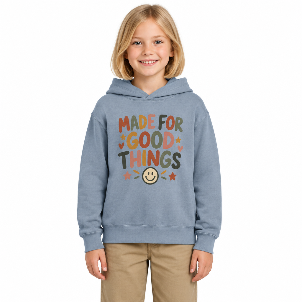 Made For Good Things Kids Hoodie, Blue Jean, on a child