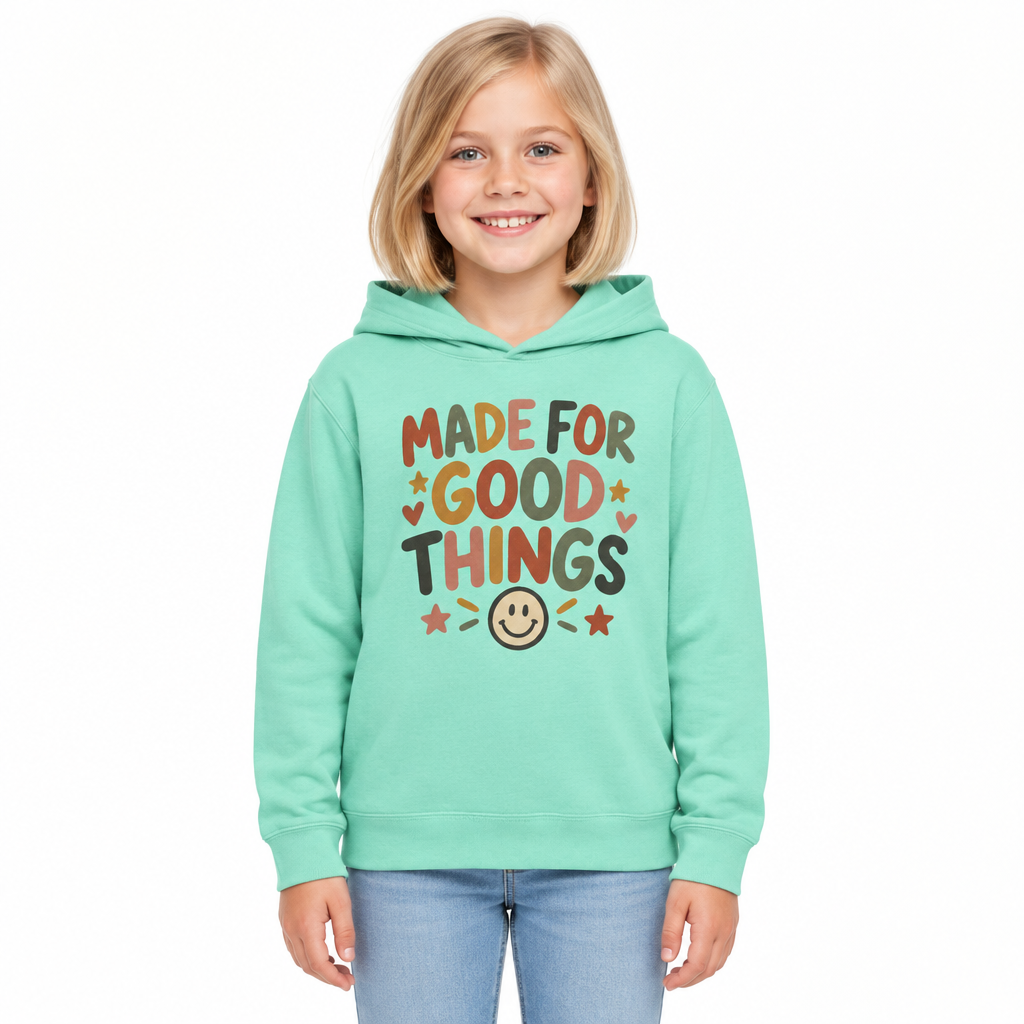 Made For Good Things Kids Hoodie, Chalky Mint, on a child