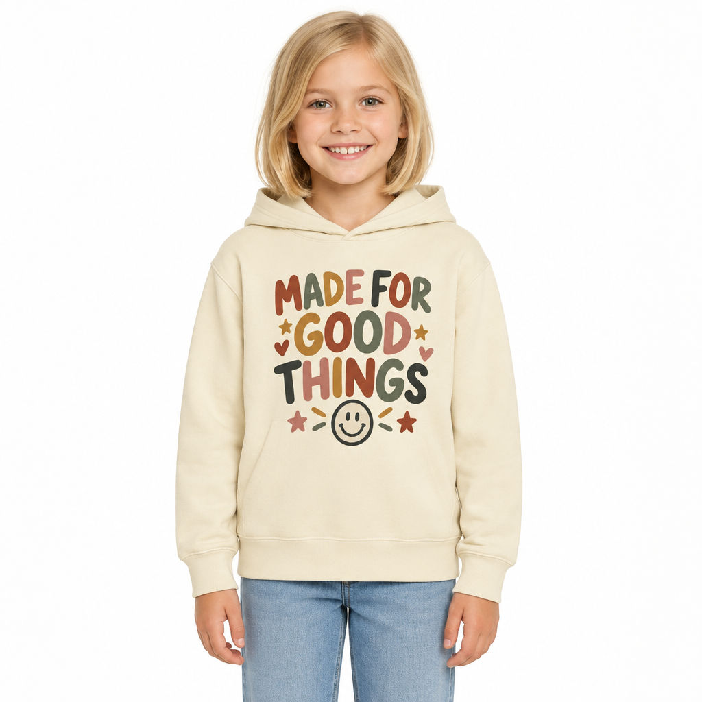 Made For Good Things Kids Hoodie, Ivory, on a child