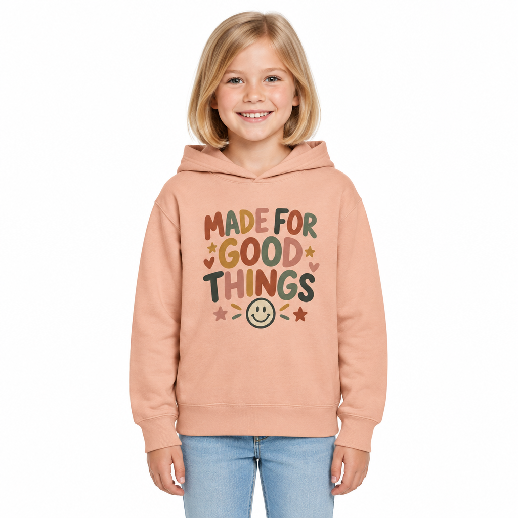 Made For Good Things Kids Hoodie, Peachy, on a child