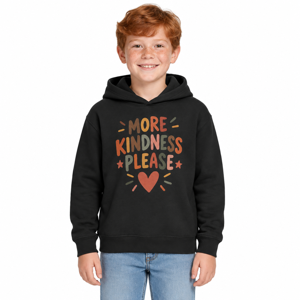 More Kindness Please Kids Hoodie, Black, on a child