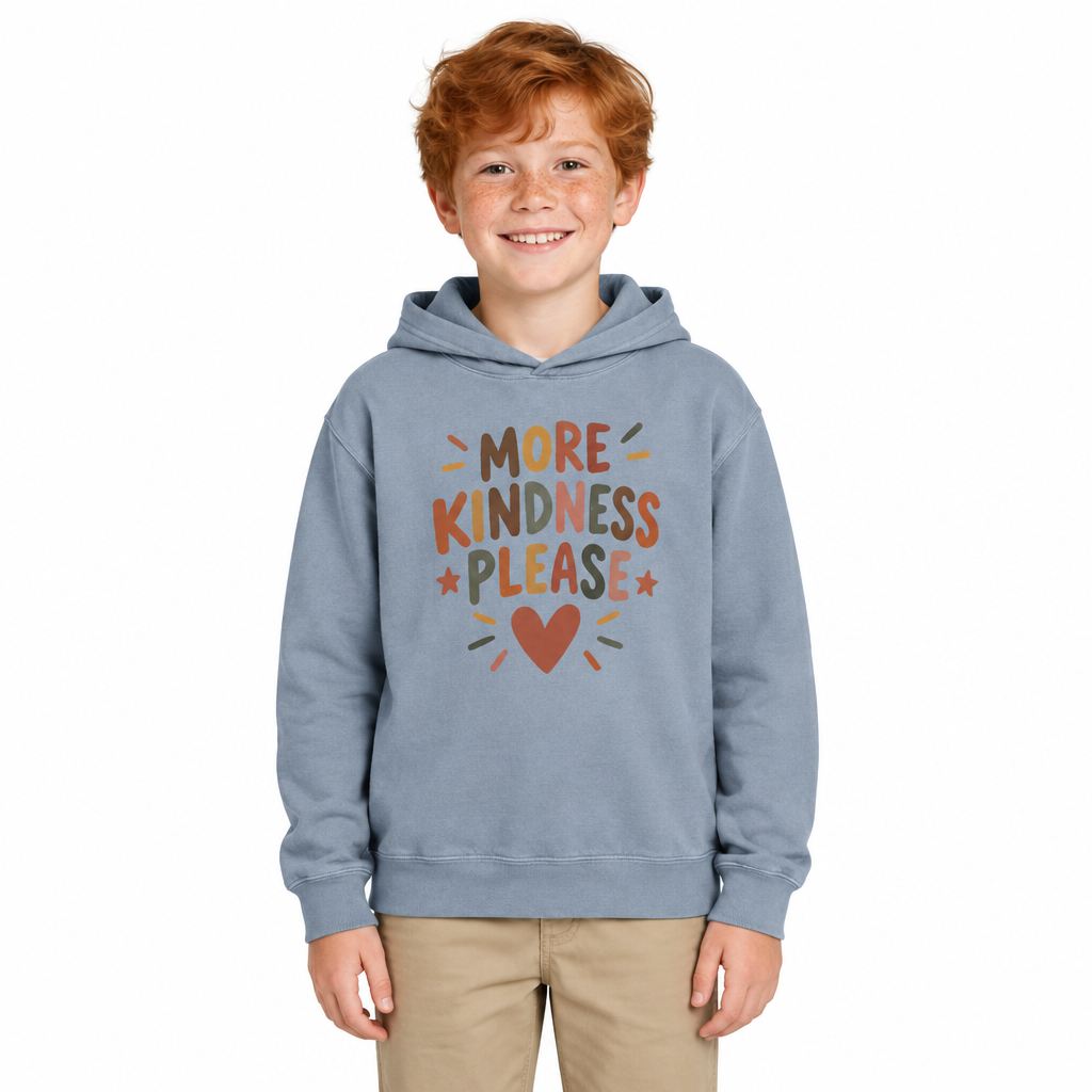 More Kindness Please Kids Hoodie, Blue Jean, on a child