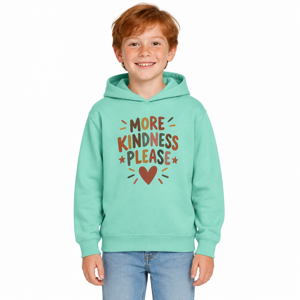 More Kindness Please Kids Hoodie, Chalky Mint, on a child