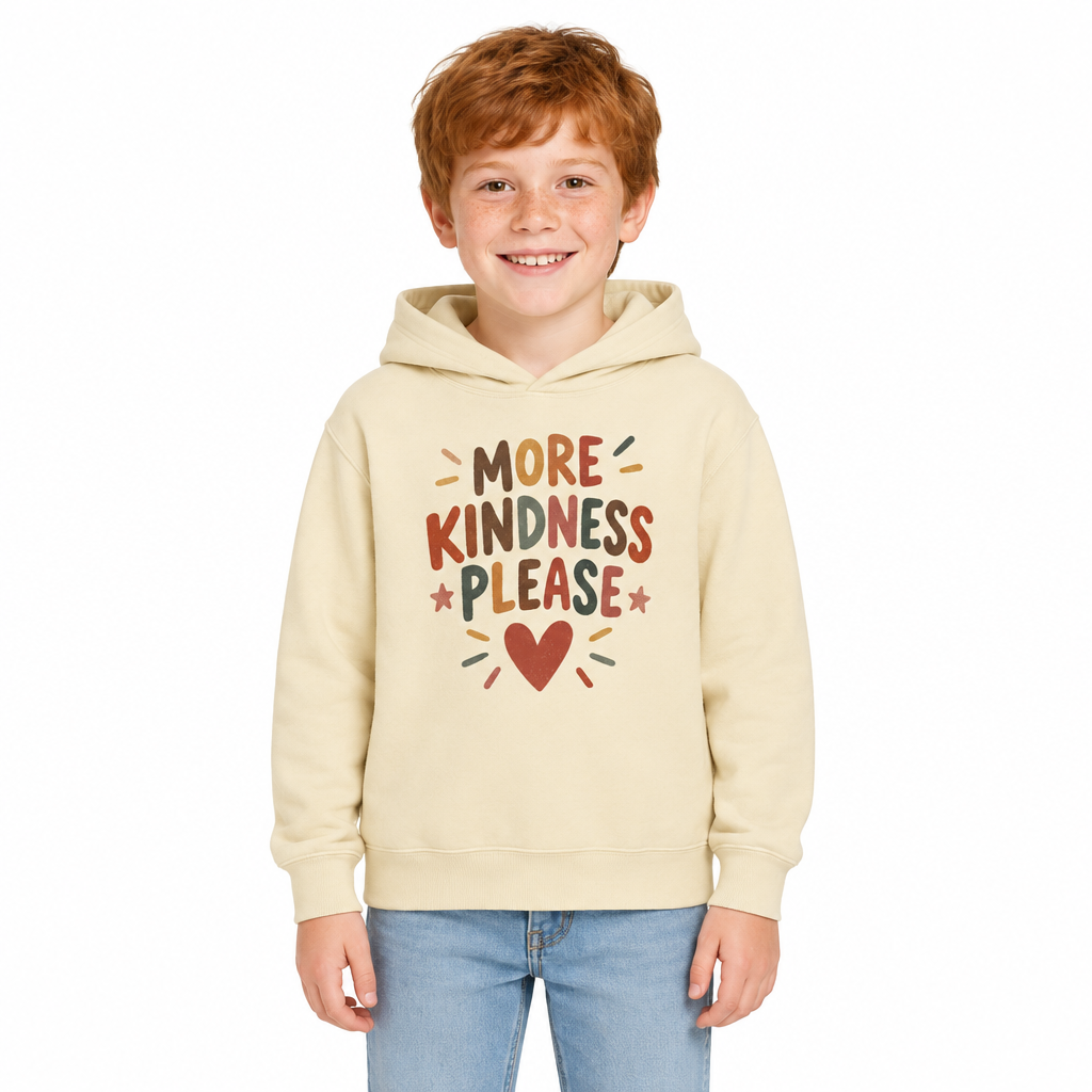 More Kindness Please Kids Hoodie, Ivory, on a child
