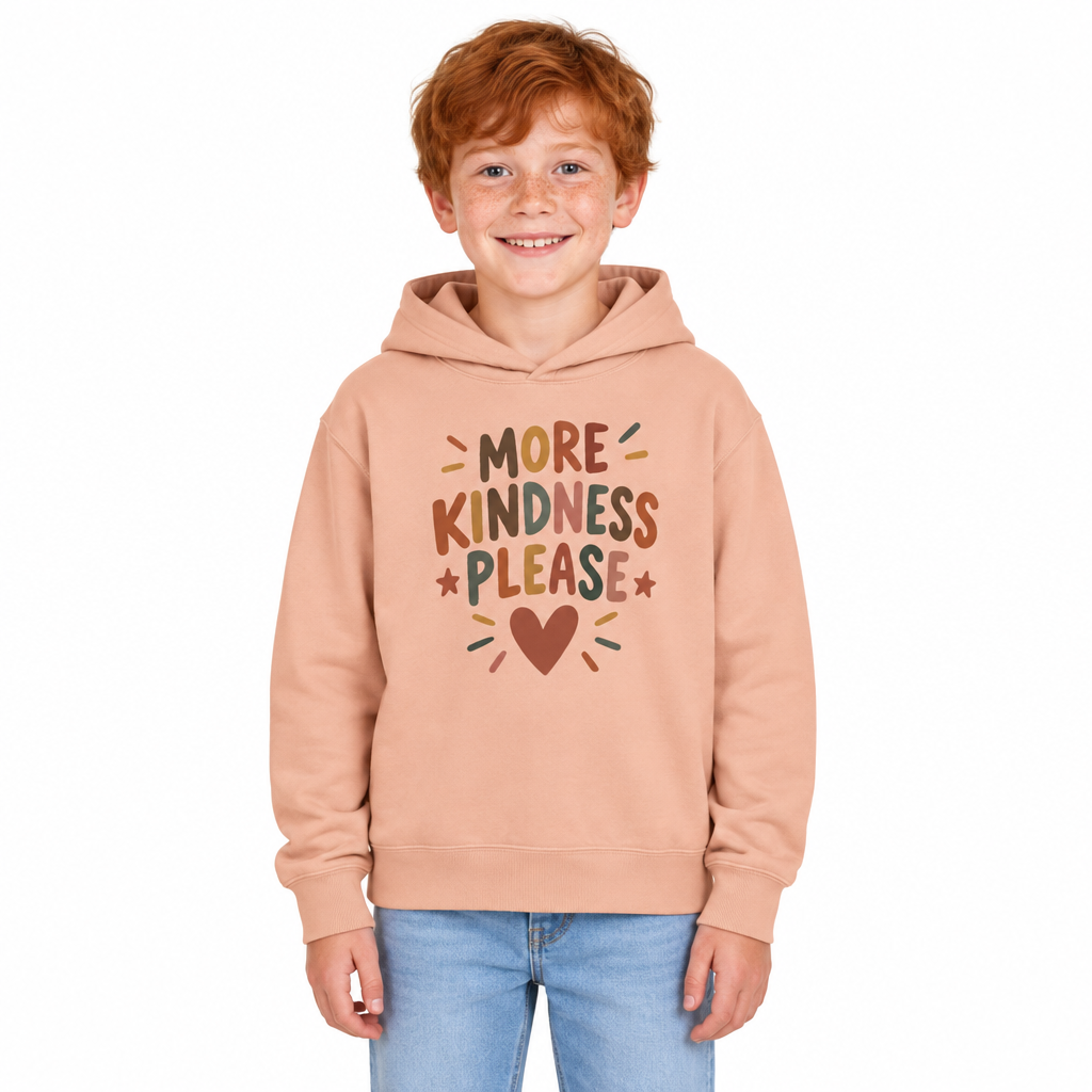 More Kindness Please Kids Hoodie, Peachy, on a child