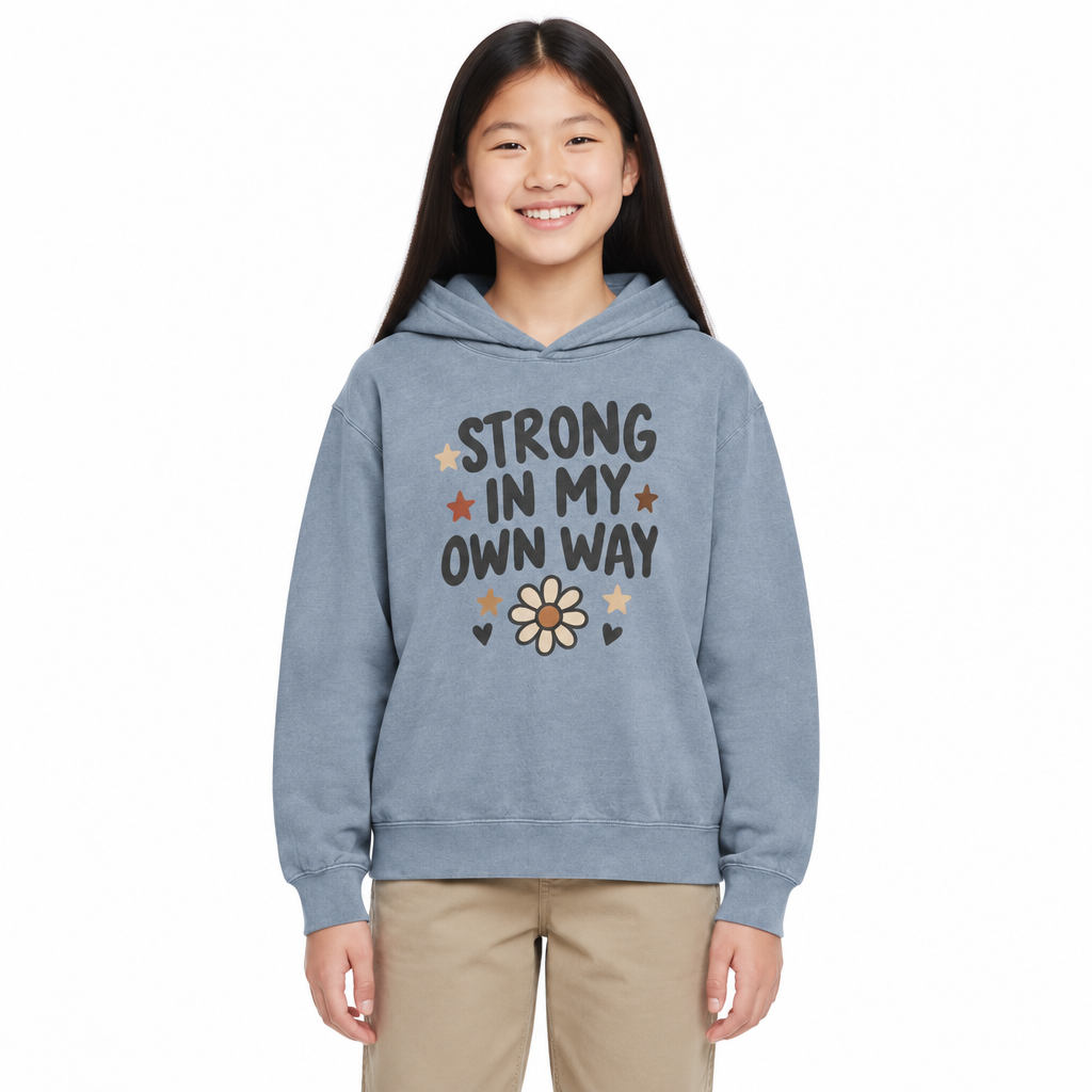 Strong In My Own Way Kids Hoodie, Blue Jean, on a child