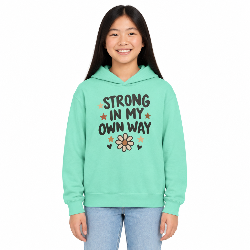 Strong In My Own Way Kids Hoodie, Chalky Mint, on a child