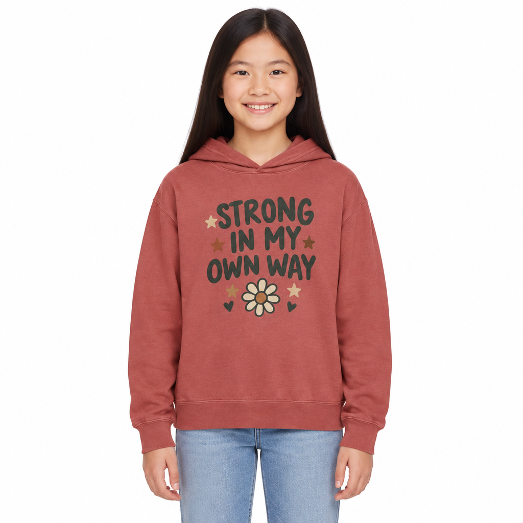Strong In My Own Way Kids Hoodie, Crimson, on a child