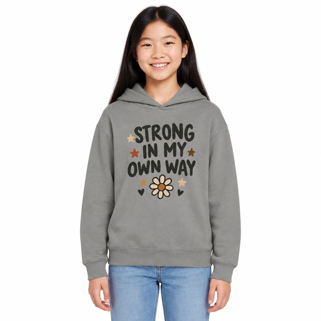 Strong In My Own Way Kids Hoodie, Grey, on a child
