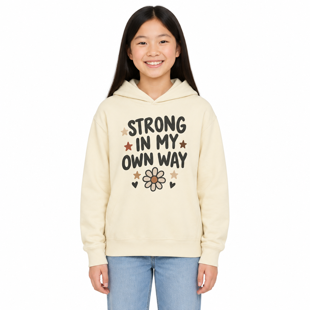 Strong In My Own Way Kids Hoodie, Ivory, on a child