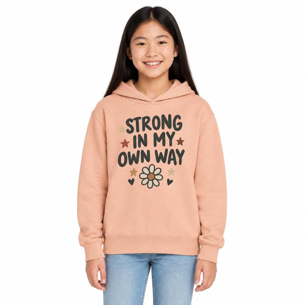 Strong In My Own Way Kids Hoodie, Peachy, on a child