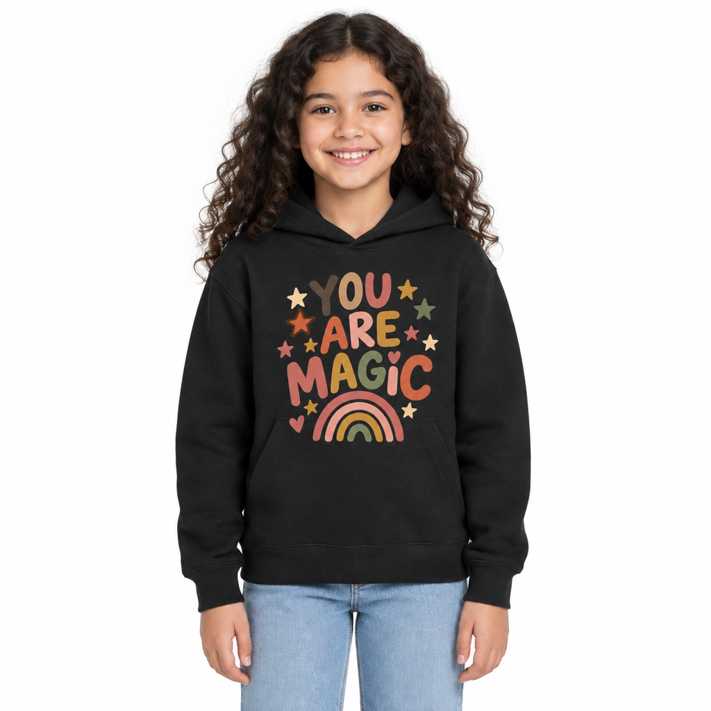 You Are Magic Kids Hoodie, Black, on a child
