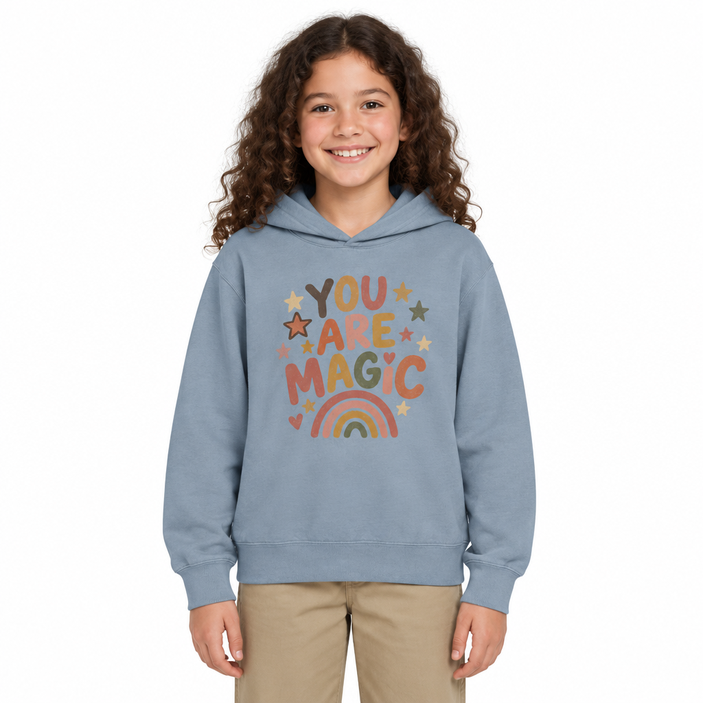You Are Magic Kids Hoodie, Blue Jean, on a child