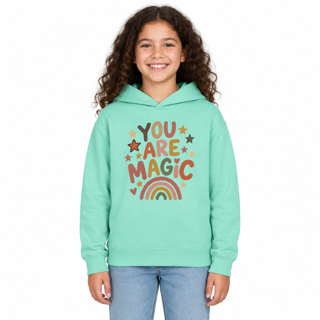 You Are Magic Kids Hoodie, Chalky Mint, on a child